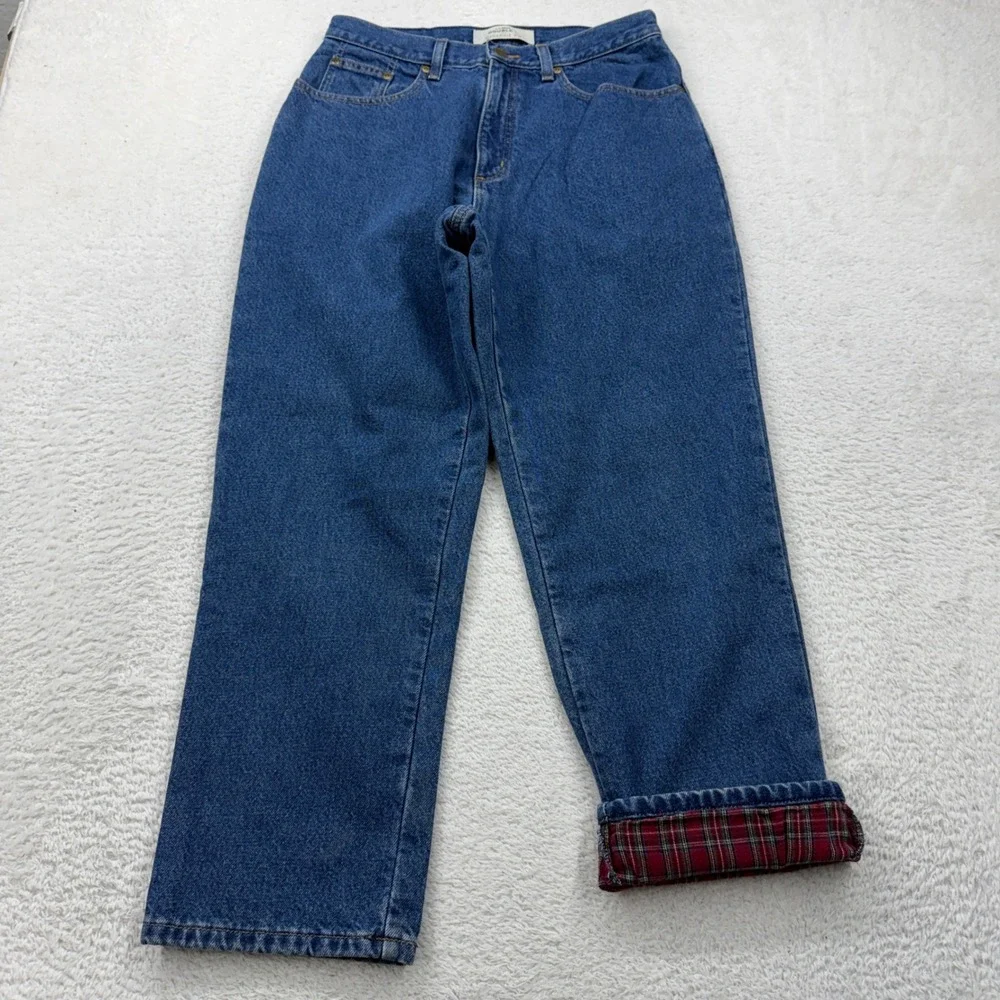 LL Bean Double L Relaxed Fit Flannel Lined Jeans Blue Plaid Womens‎ 12 Pet
